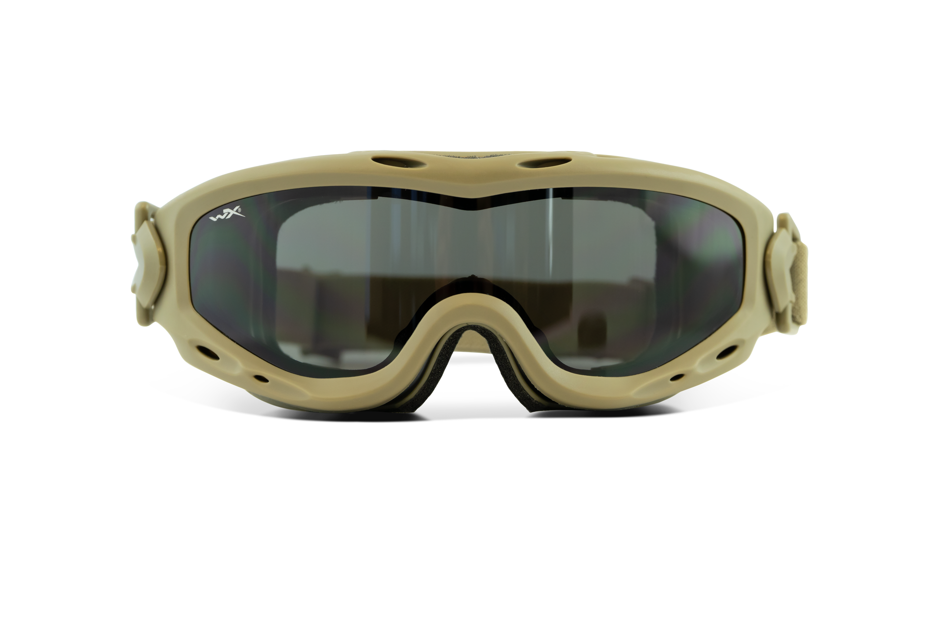 Schutzbrille mit beigem Rahmen und getönten Gläsern, frontalansicht.