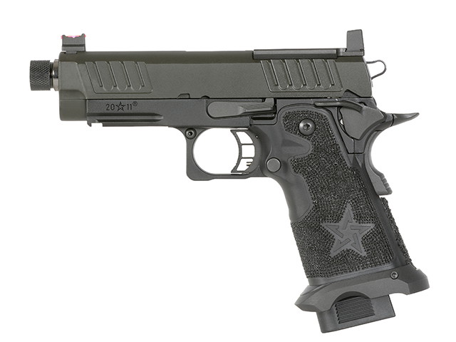 Airsoft-Pistole mit strukturiertem Griff, schwarzem Schlitten und Stern-Emblem auf dem Griff.