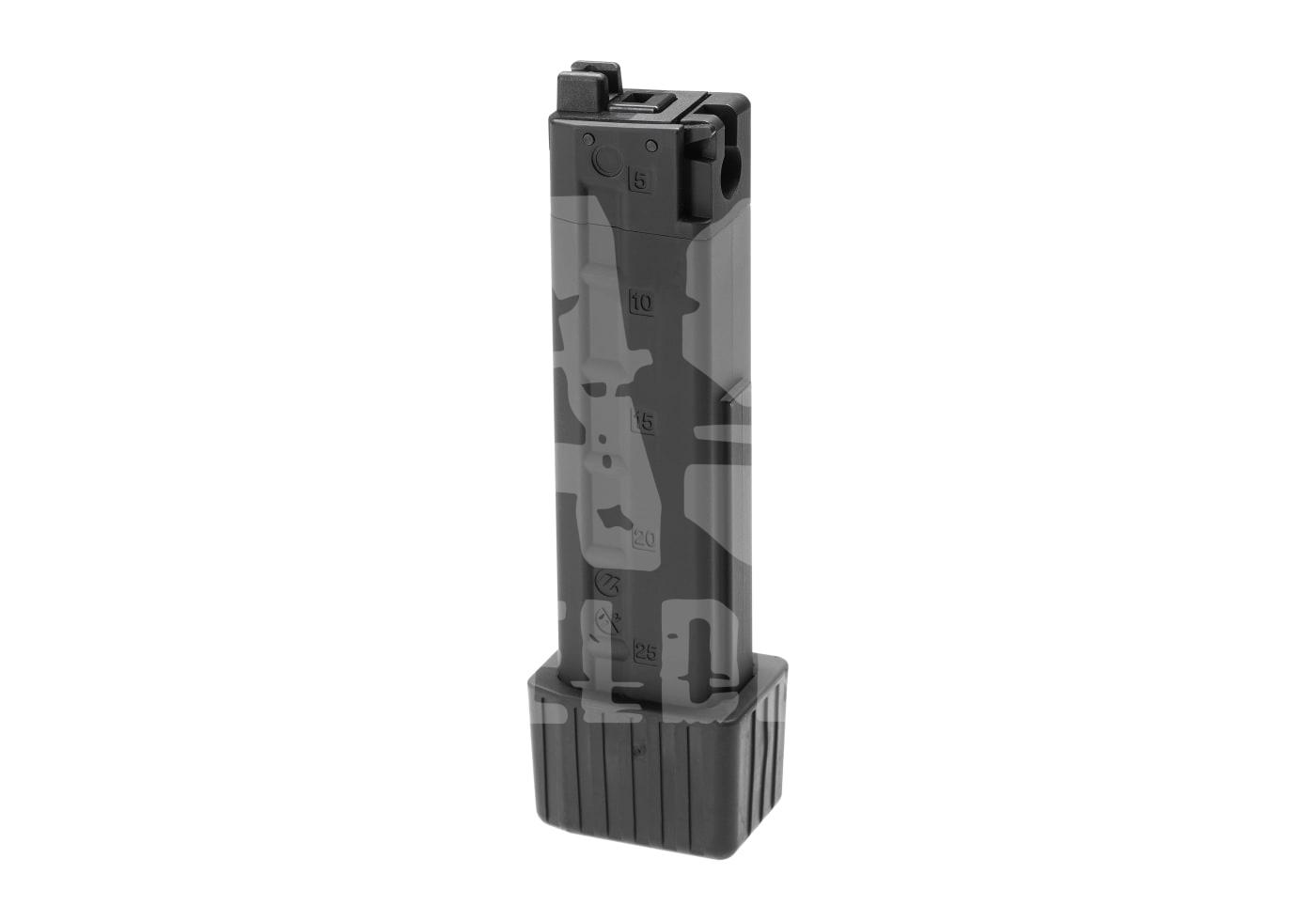 Airsoft-Magazin, transparent mit Kapazitätsmarkierungen und Camouflage-Muster, geeignet für taktisches Gameplay.