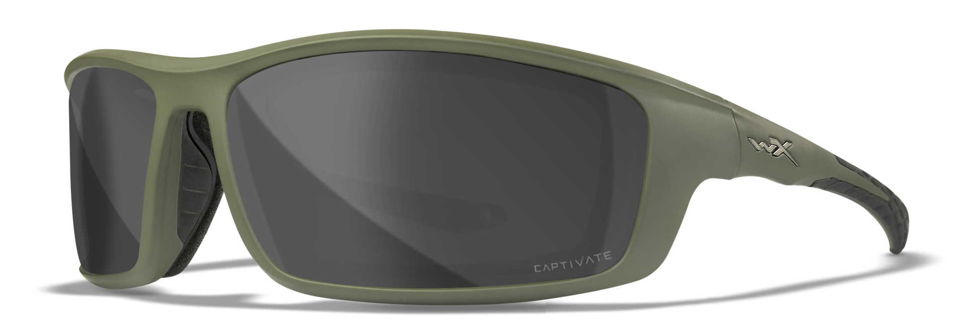 Taktische Sonnenbrille in Oliv mit schwarzem Rahmen und getönten Gläsern, geeignet für Airsoft-Spiele.