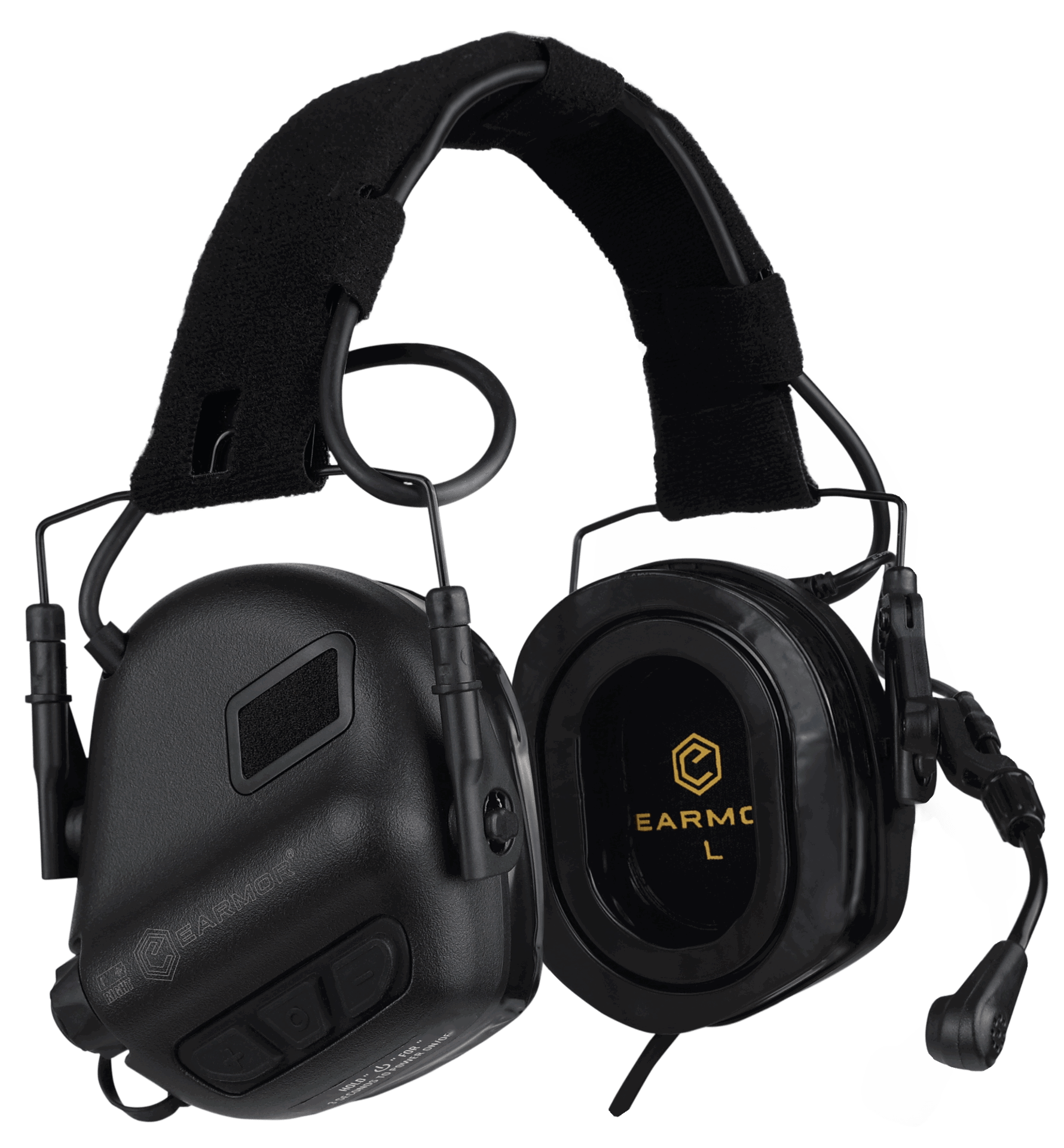 Schwarzes taktisches Gehörschutz-Headset mit Mikrofon, ideal für Airsoft-Kommunikation und Lärmschutz.