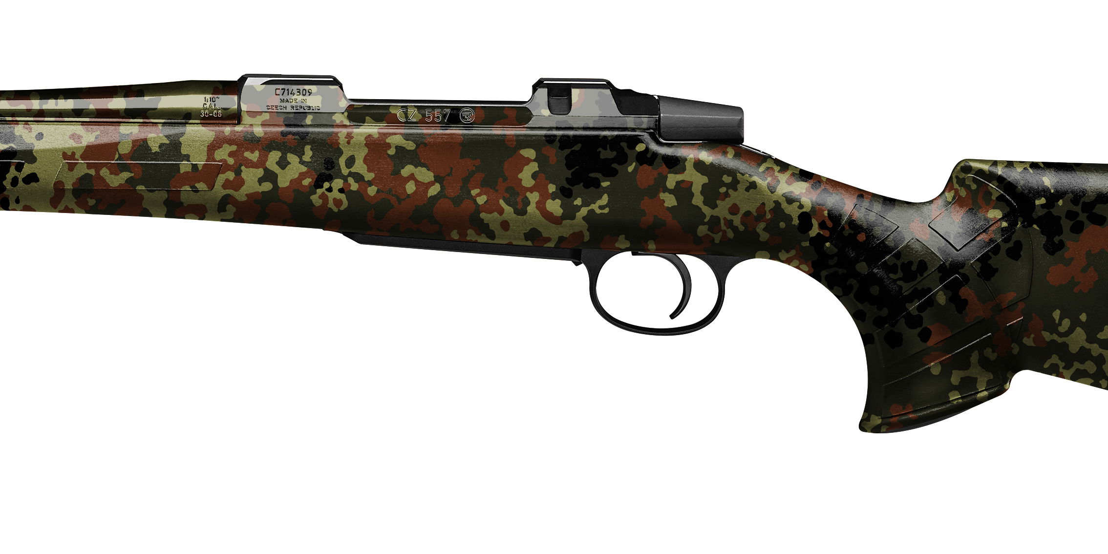 Tarngewehr mit Camouflage-Muster, CZ 557, für Airsoft-Spiele geeignet.