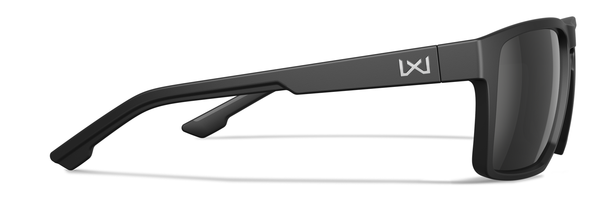 Schwarze Schutzbrille mit getönten Gläsern, seitlich gezeigt; ideal für Airsoft.