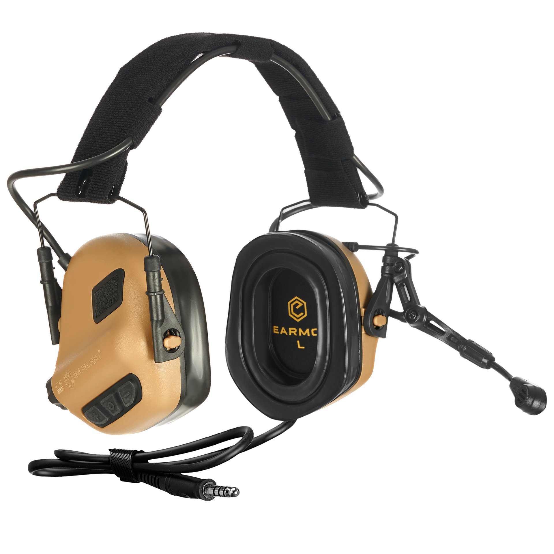 Taktischer Gehörschutz-Kopfhörer mit Mikrofon und Kabel, ideal für Airsoft-Spiele.