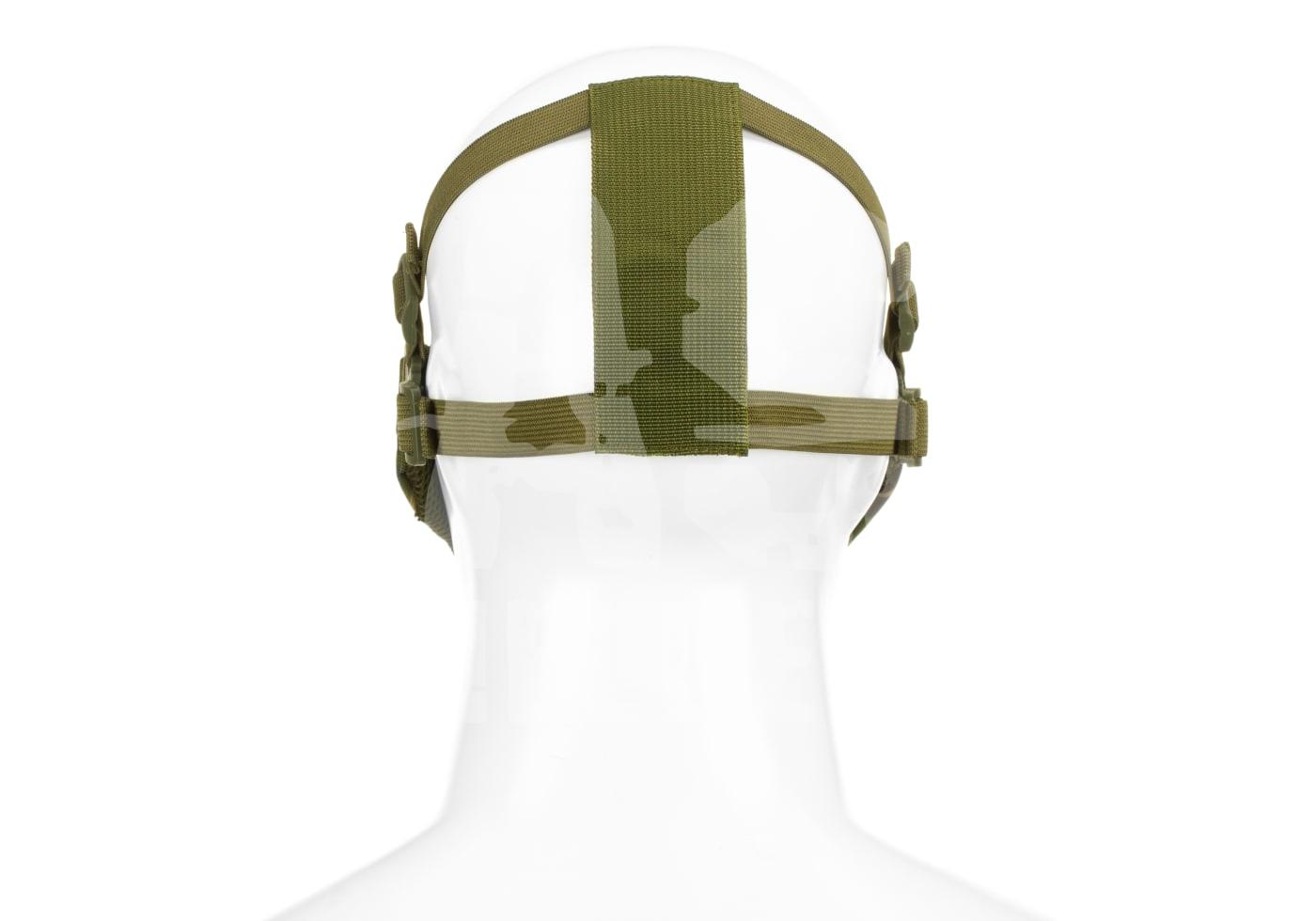 Rückansicht eines olivgrünen Kopfbandgurts auf einem weißen Mannequinkopf. Geeignet für Airsoft-Zubehör.