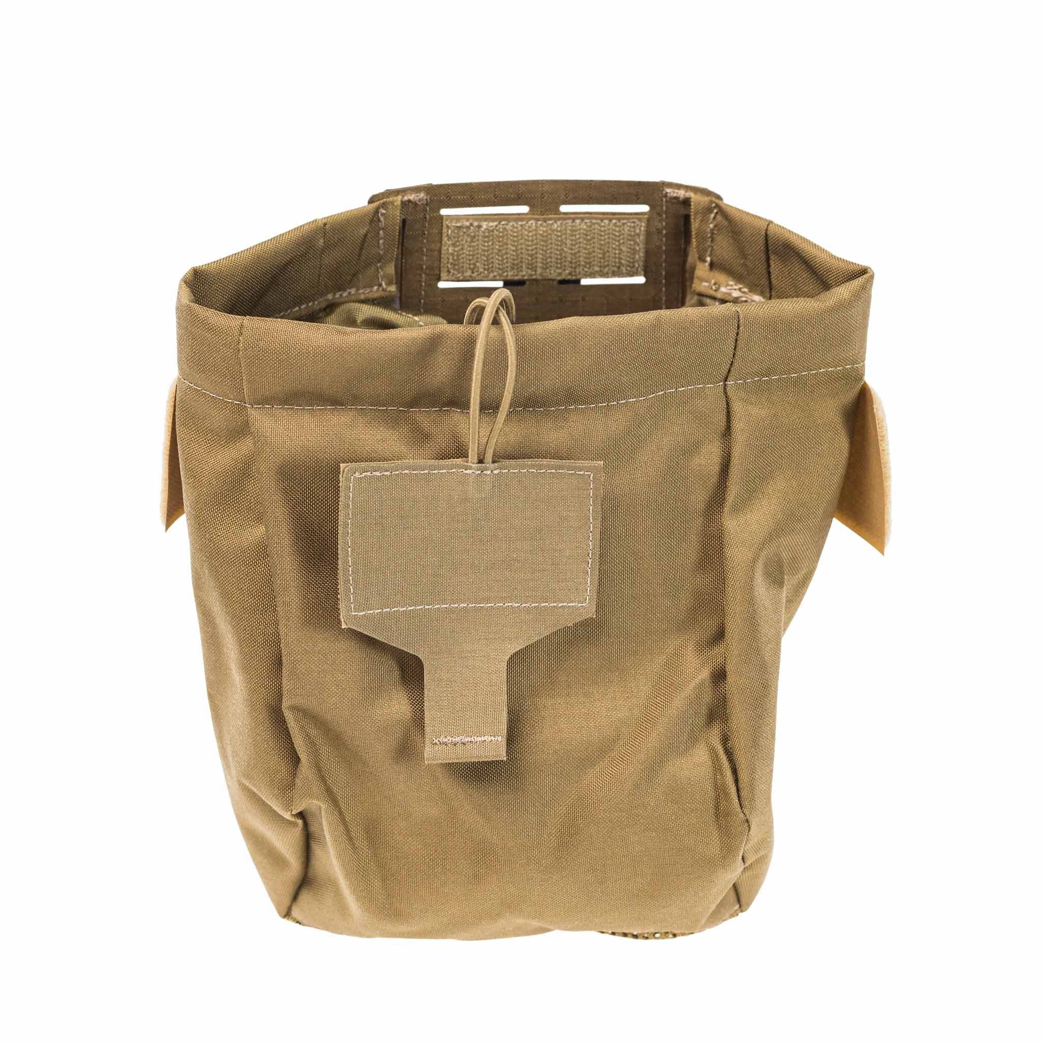 Braune Airsoft-Abwurftasche aus robustem Material mit Kordel und Klettverschluss oben.