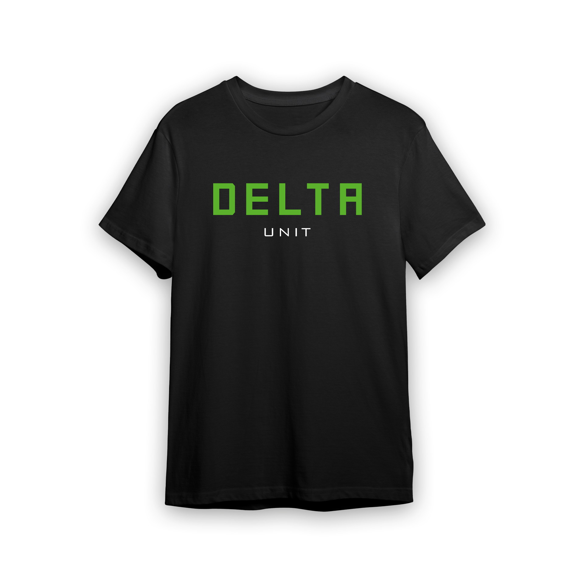 Schwarzes T-Shirt mit grünem "DELTA" und weißem "UNIT"-Aufdruck auf der Vorderseite.