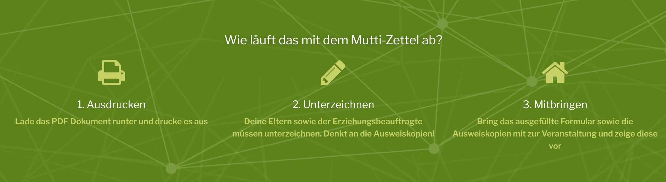 Grüner Hintergrund mit Anweisungen: 1. Ausdrucken, 2. Unterzeichnen, 3. Mitbringen eines Formulars.