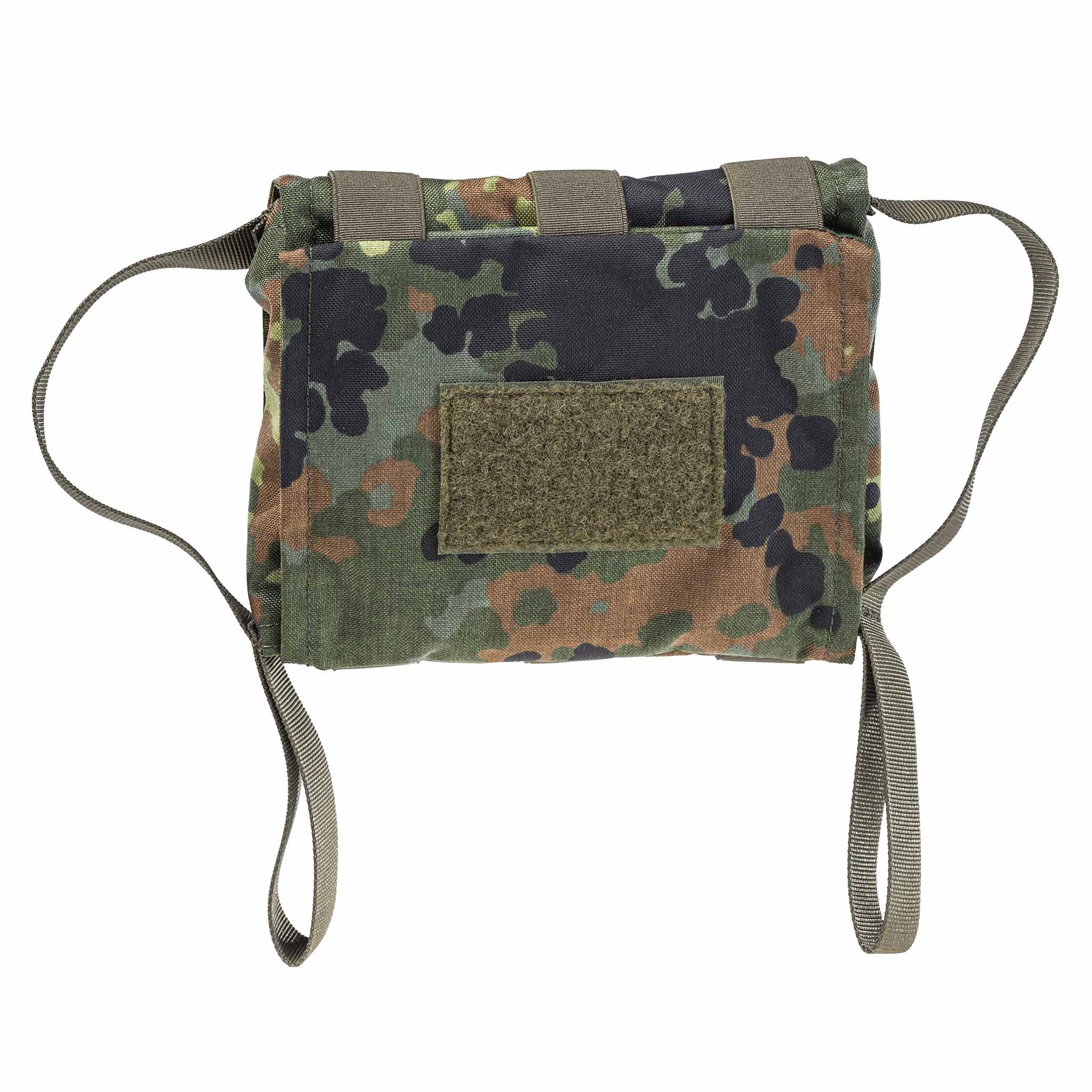 Tarnfarbene Airsoft-Maske mit Klettfläche und Bändern zur Befestigung.