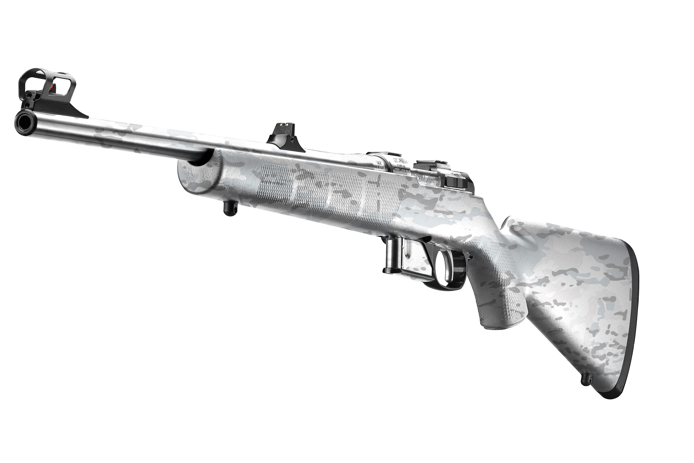 Airsoft-Gewehr in urbanem Schneetarnmuster, seitliche Ansicht, ohne Magazin.