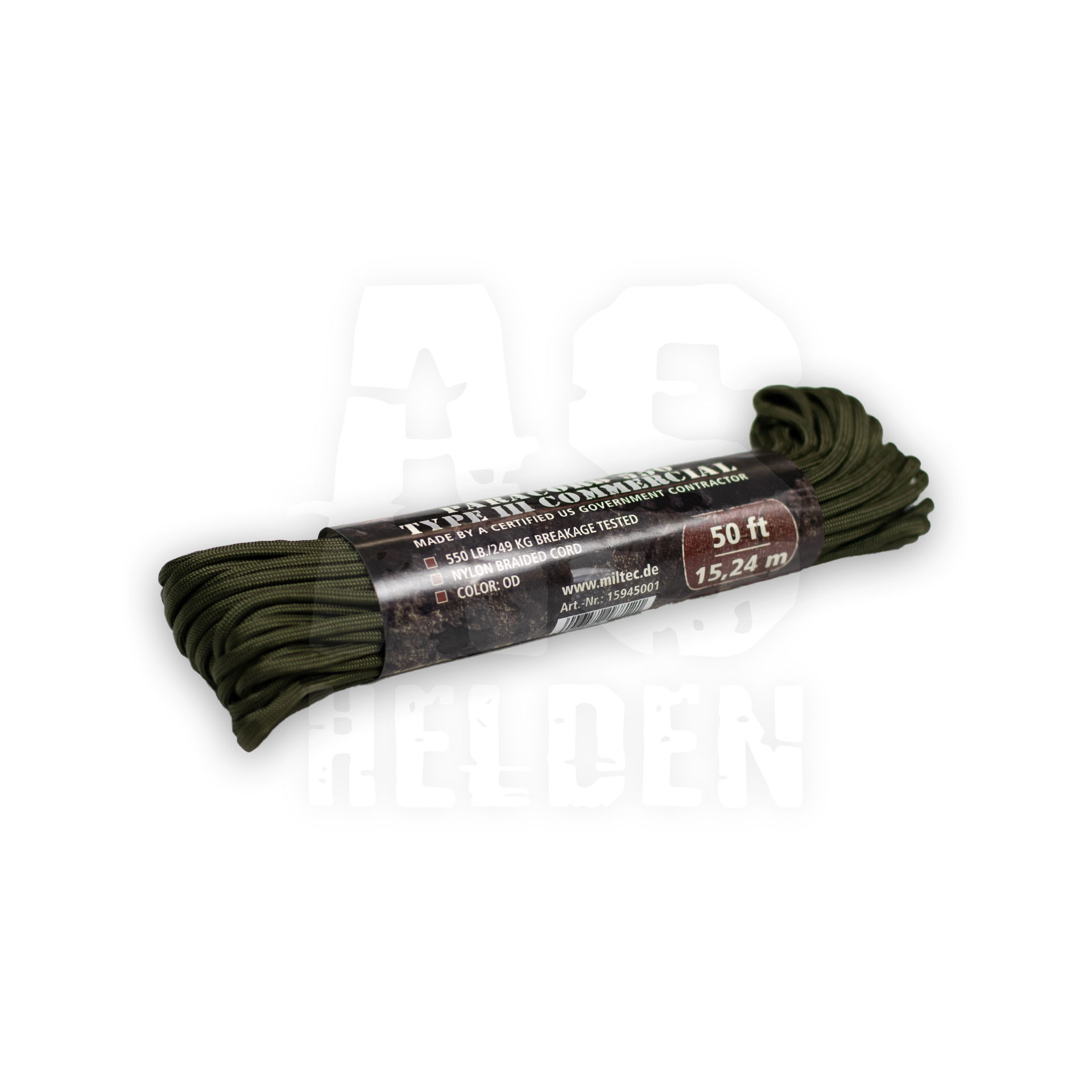 Olivegrünes Paracord, 15,24 m Länge, 249 kg Zugfestigkeit, Nylon, schwarz-weiße Verpackung. Ideal für Airsoft-Zubehör.
