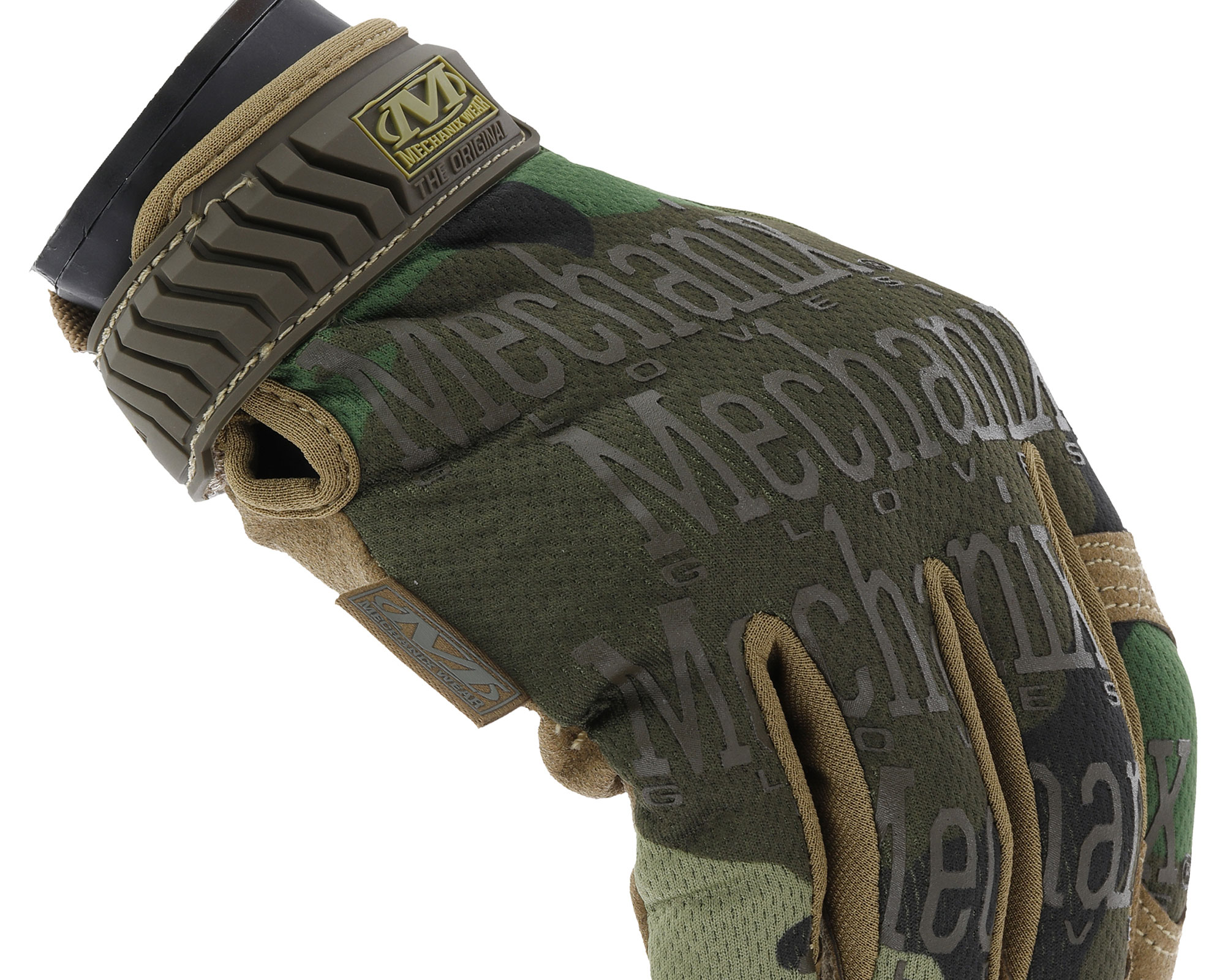 Airsoft-Handschuh mit grünem Tarnmuster und Logo-Aufdruck. Verstellbarer Klettverschluss sorgt für sicheren Halt.