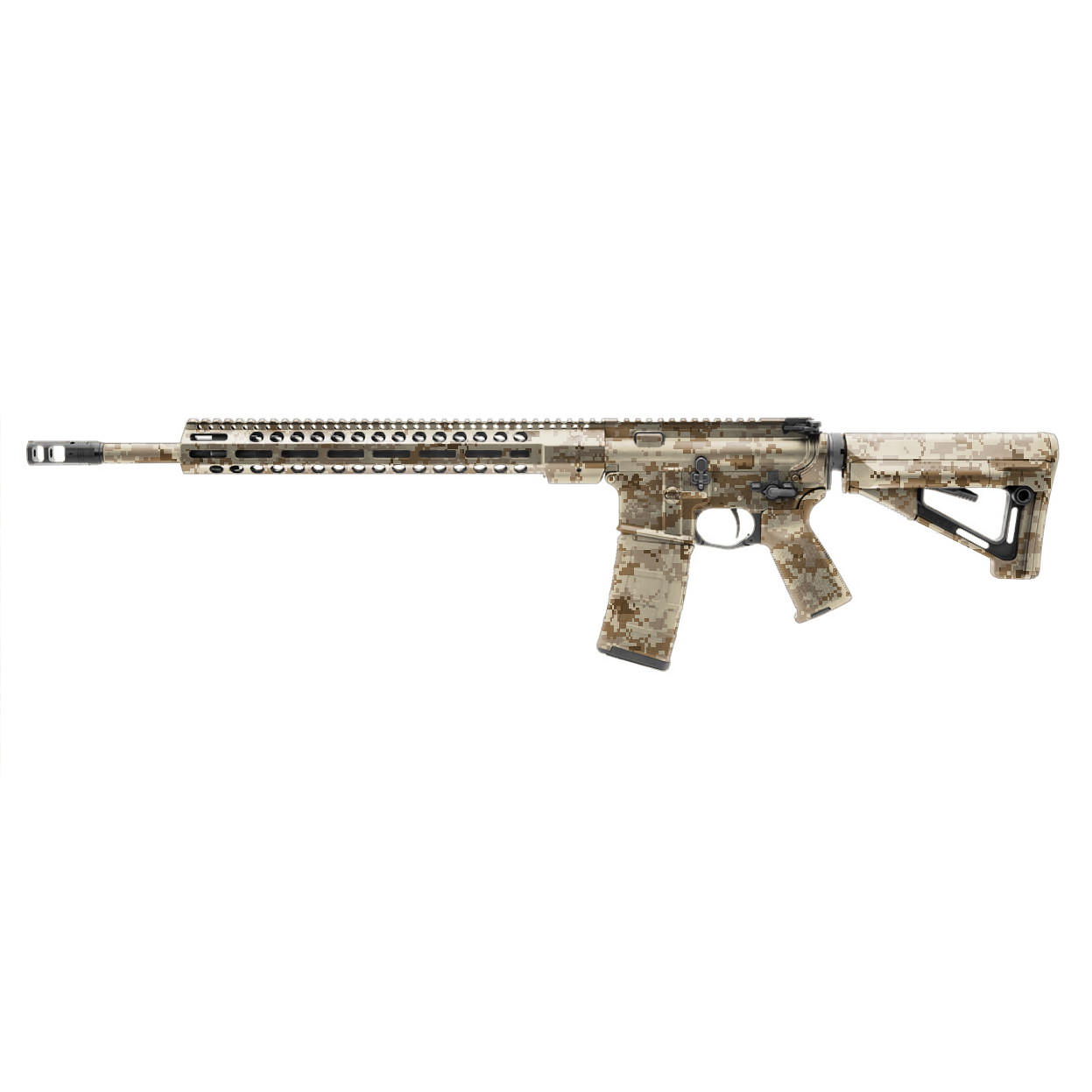 Airsoftgewehr mit Wüsten-Camouflage, langem Handguard und verstellbarem Schaft.