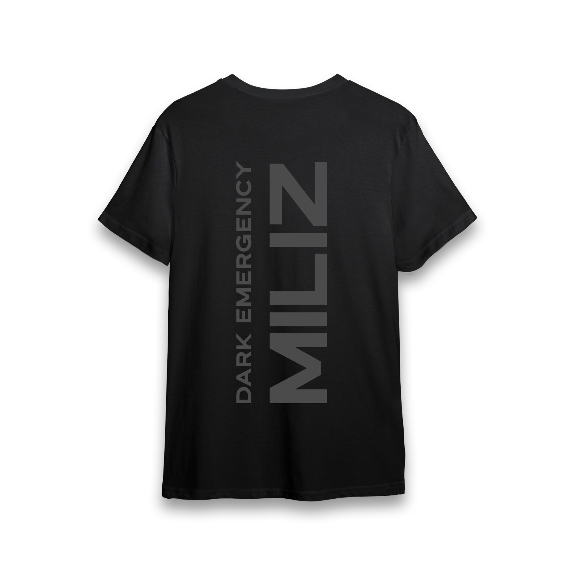 Schwarzes T-Shirt mit grauem "DARK EMERGENCY MILIZ" Druck auf der Rückseite.