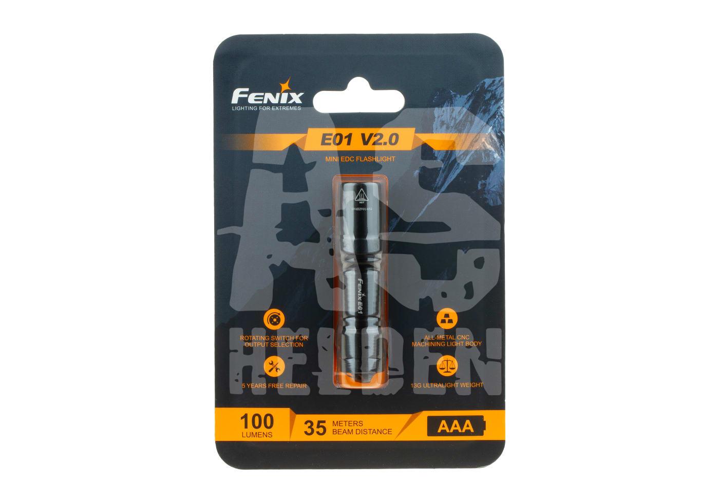 Fenix E01 V2.0 LED-Taschenlampe, 100 Lumen, 35 m Reichweite, ultra-kompakt, Verpackung.