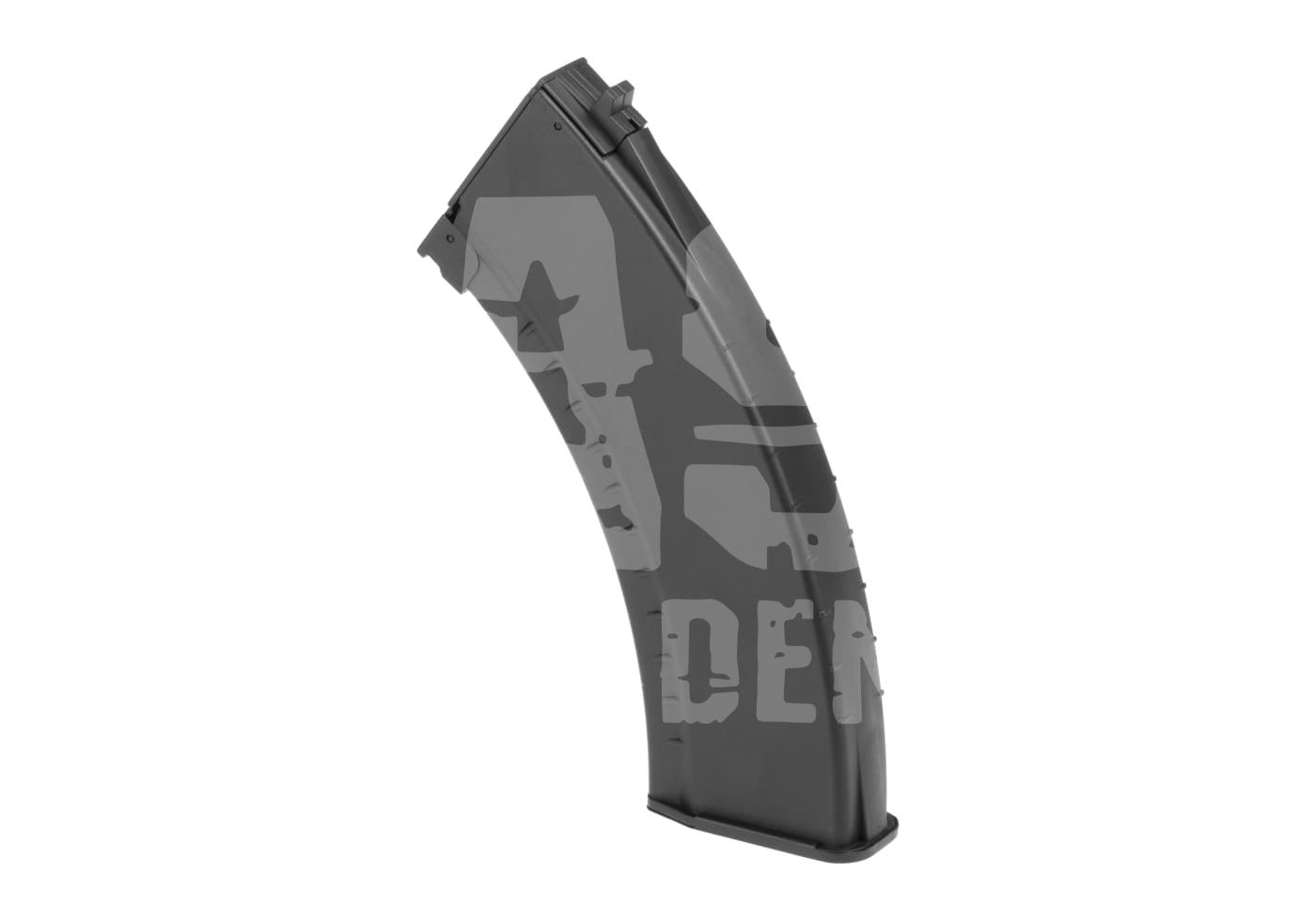 Schwarzes Airsoft-Magazin, gebogene Form, für AK-Modelle geeignet.