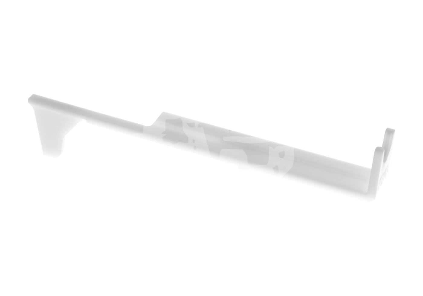 Langer, transparenter Kunststoffhaken in L-Form auf weißem Hintergrund.