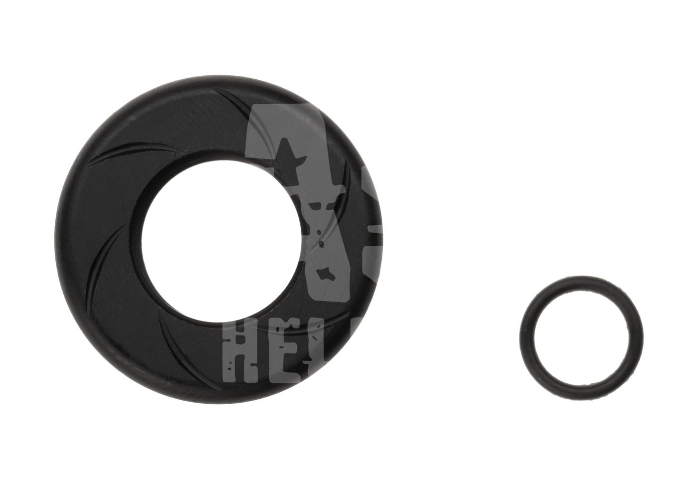 Zwei schwarze Metallringe, unterschiedlich groß, auf weißem Hintergrund für Airsoft-Waffen.