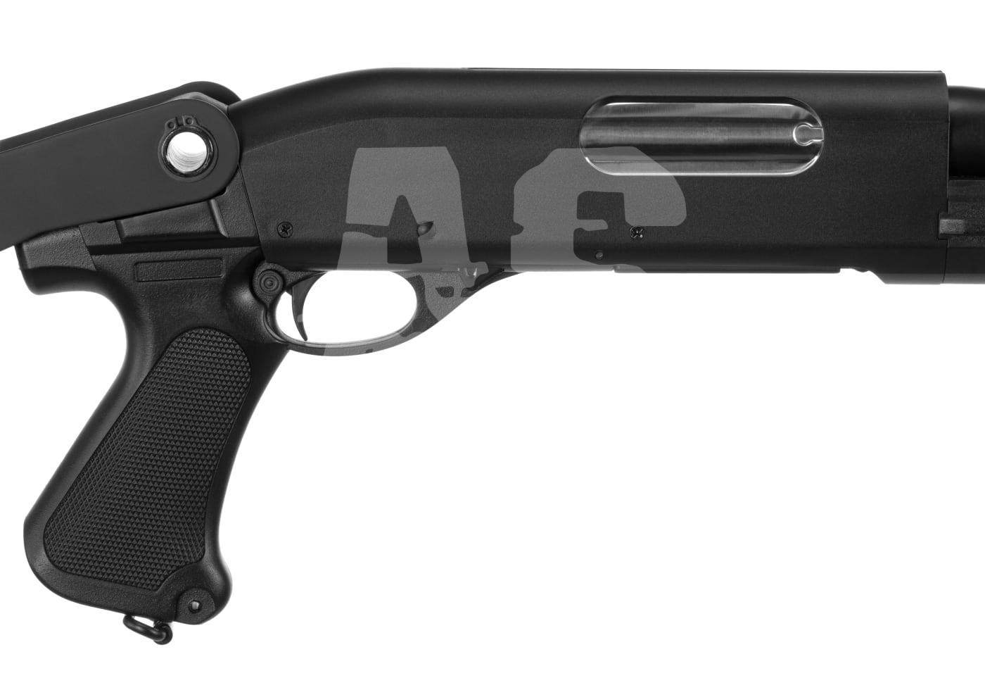 Cyma CM352 Shotgun - ab 18 Jahren Nahaufnahme eines schwarzen Airsoft-Gewehrschafts mit Abzug und Pistolengriff.