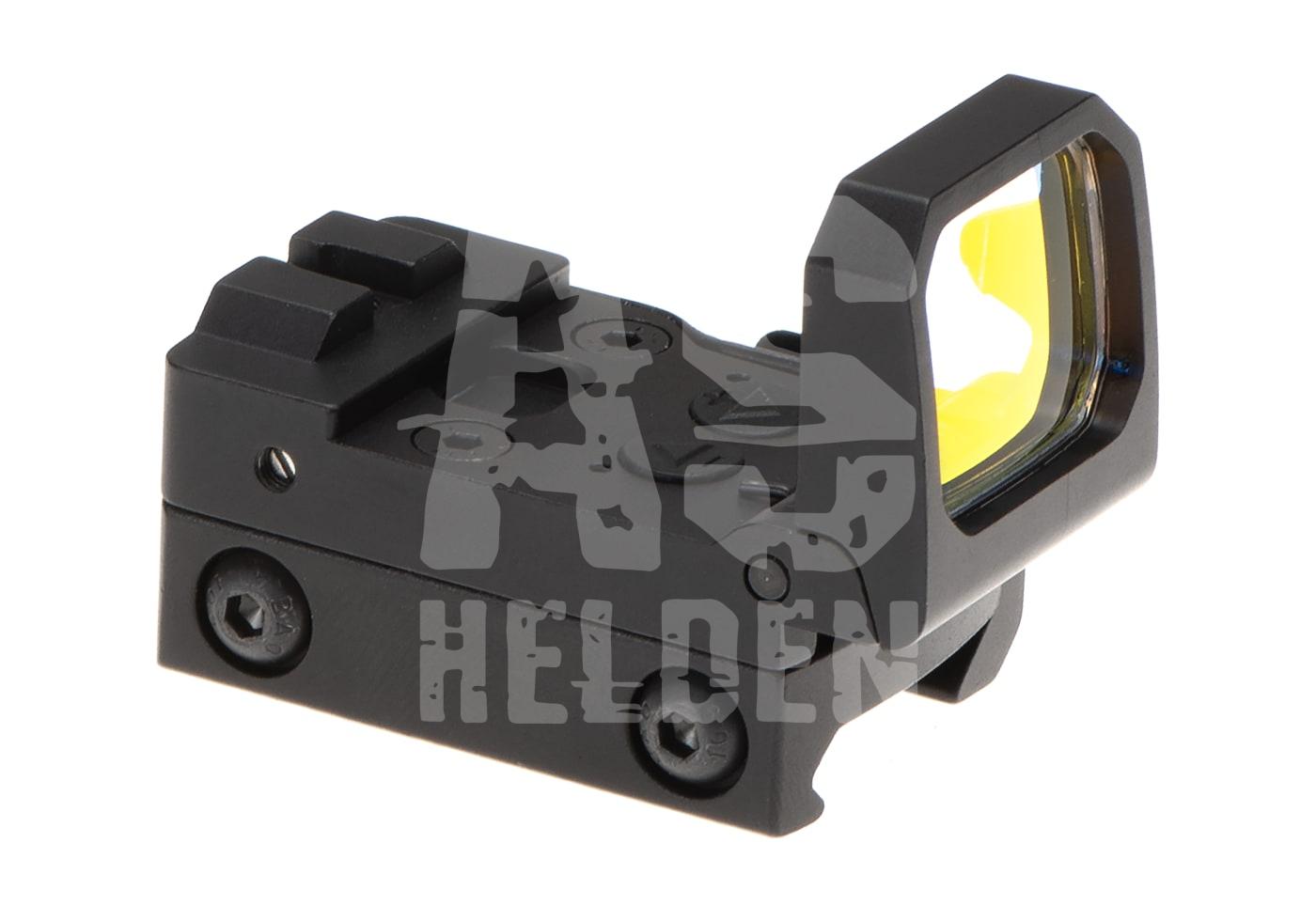 Flip Dot Reflex Sight Schwarzes Reflexvisier für Airsoft-Waffen mit gelber Linse und Montageschrauben.