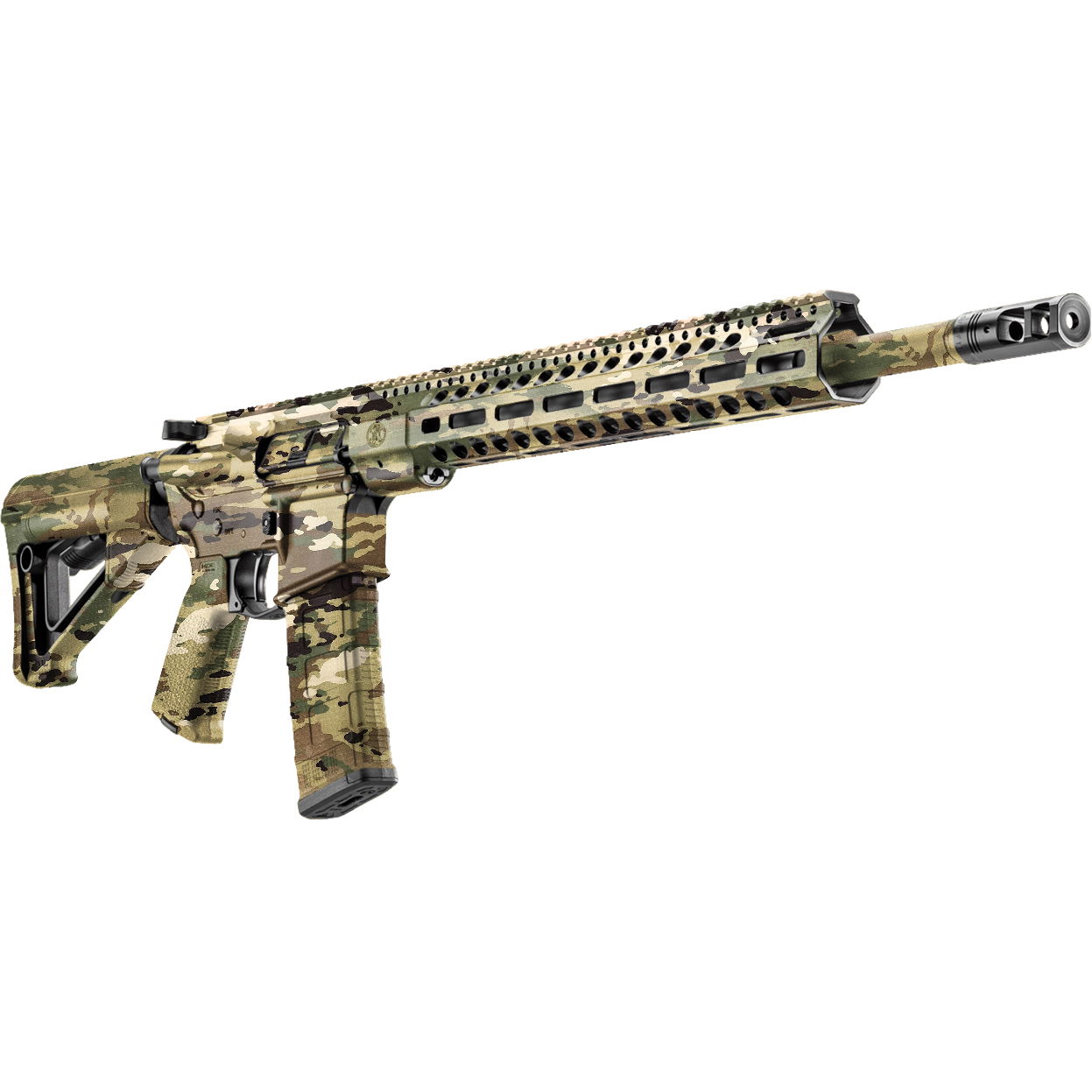 Camo-gewehrartiges Airsoft-Replikat mit langem Vorderschaft und taktischem Design.