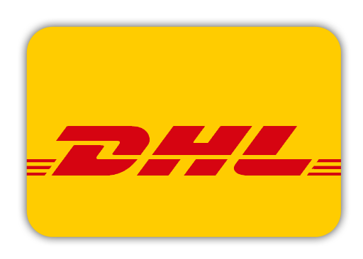 Gelbes DHL-Logo mit rotem Schriftzug und stilisierten Streifen.