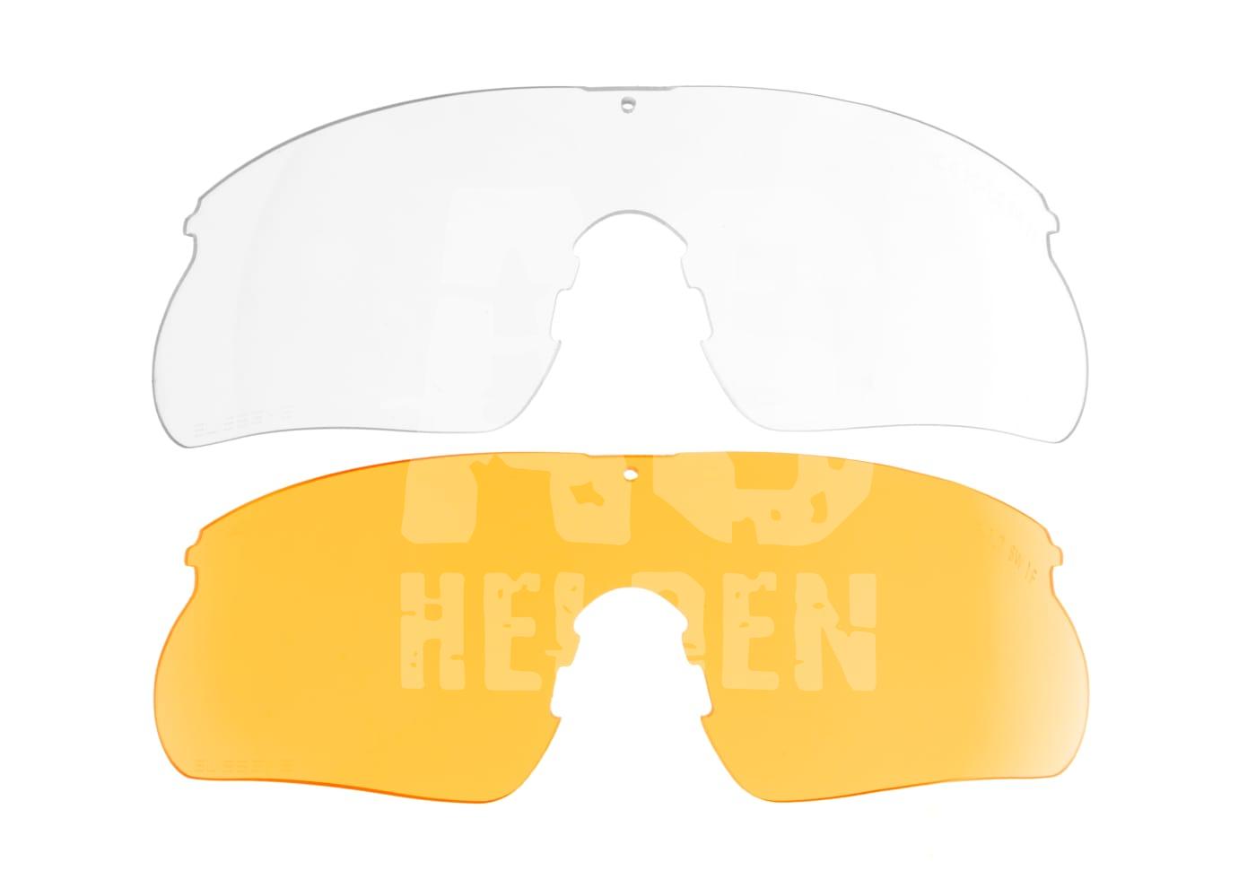 Klarer und gelber Airsoft-Brillenersatz, freistehend, übereinander angeordnet.