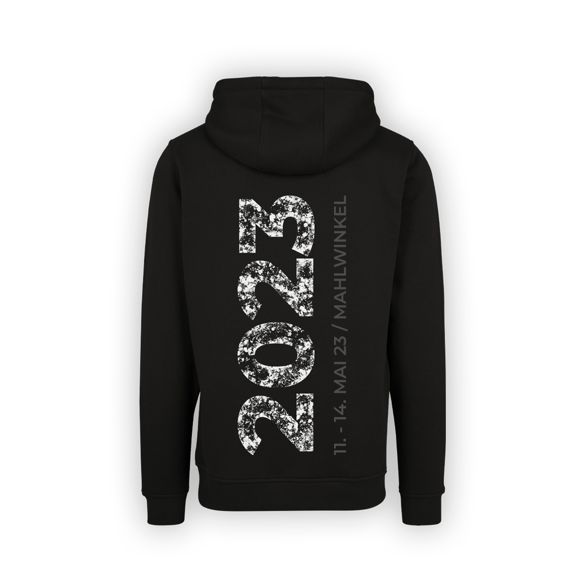 Schwarzer Hoodie mit Jahr "2023" und Datum "11.-14. Mai 23 / Mahlwinkel" auf der Rückseite.