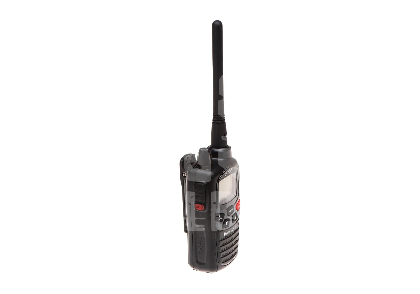 Midland G9 Pro 16 PMR + 69 LPD Kanäle Schwarzes Walkie-Talkie mit Antenne und Display, ideal für Airsoft-Kommunikation.