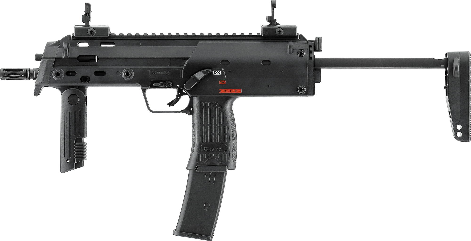 Schwarze Airsoft-MP-7-Nachbildung, klappbare Schulterstütze, taktisches Design, semi- und vollautomatisch.