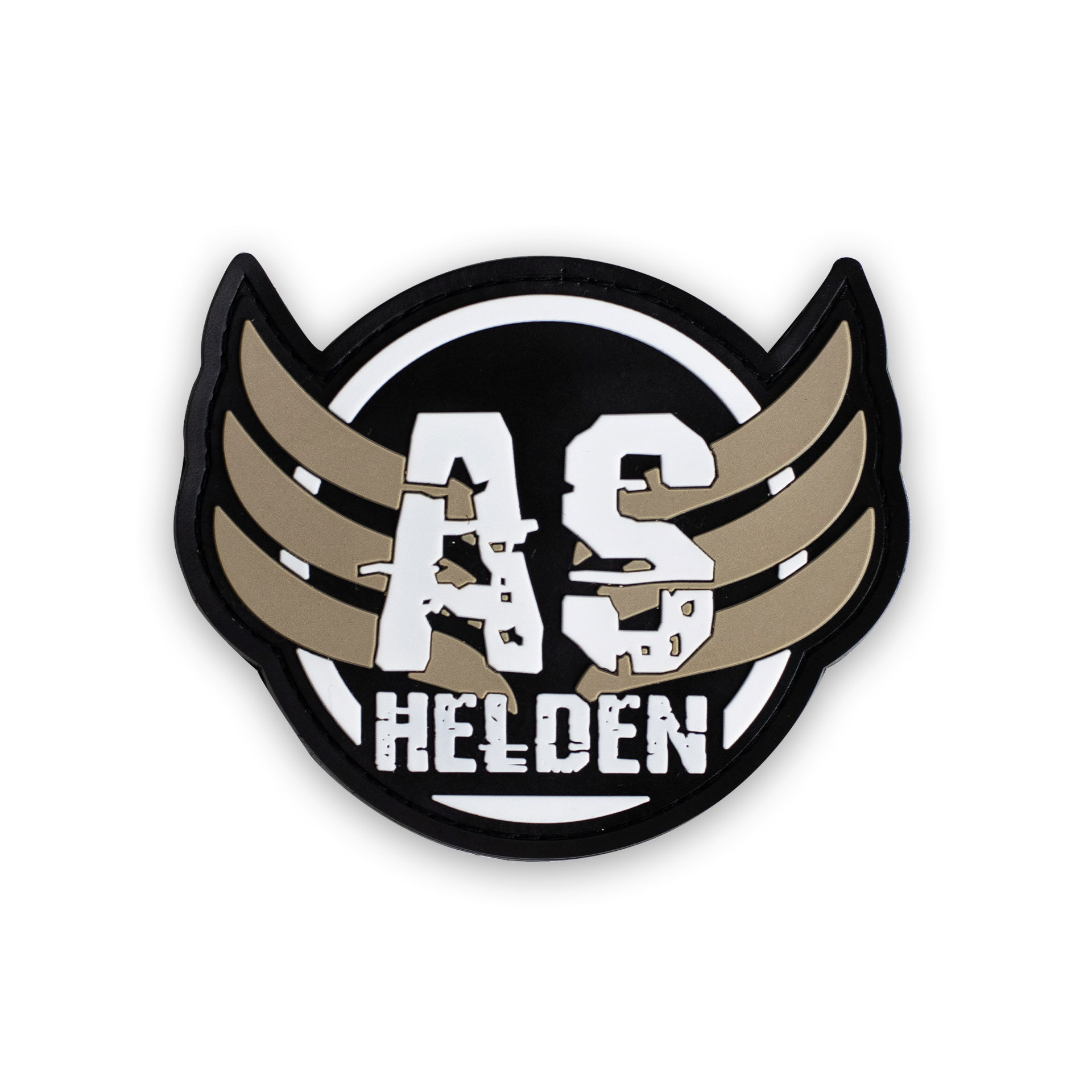 Airsoft Helden - Patch Wing Tan Rundes Abzeichen mit "AS HELDEN" Schriftzug und flügelartigen Designs.