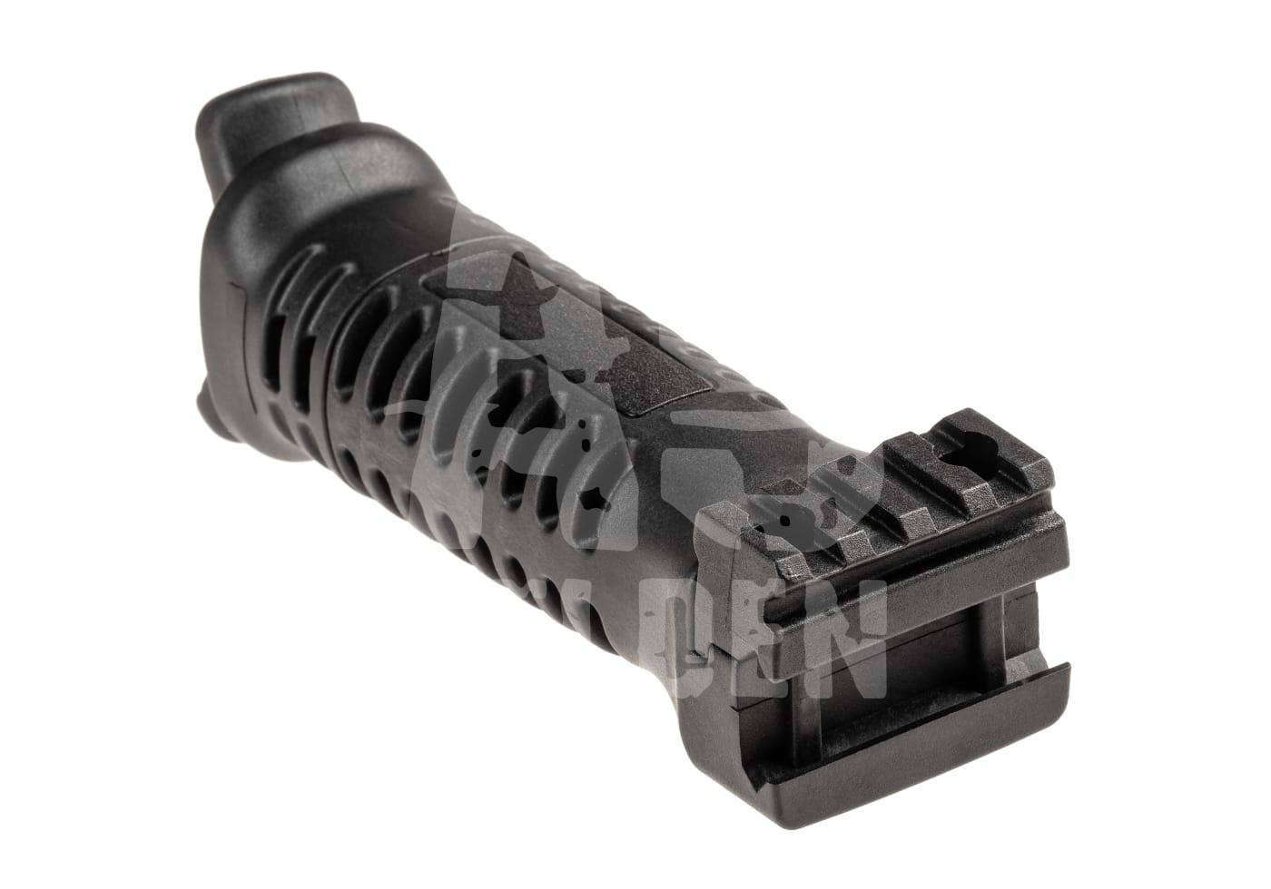 Schwarzer vertikaler Vordergriff aus Kunststoff für Airsoft-Waffen, mit Picatinny-Schiene.