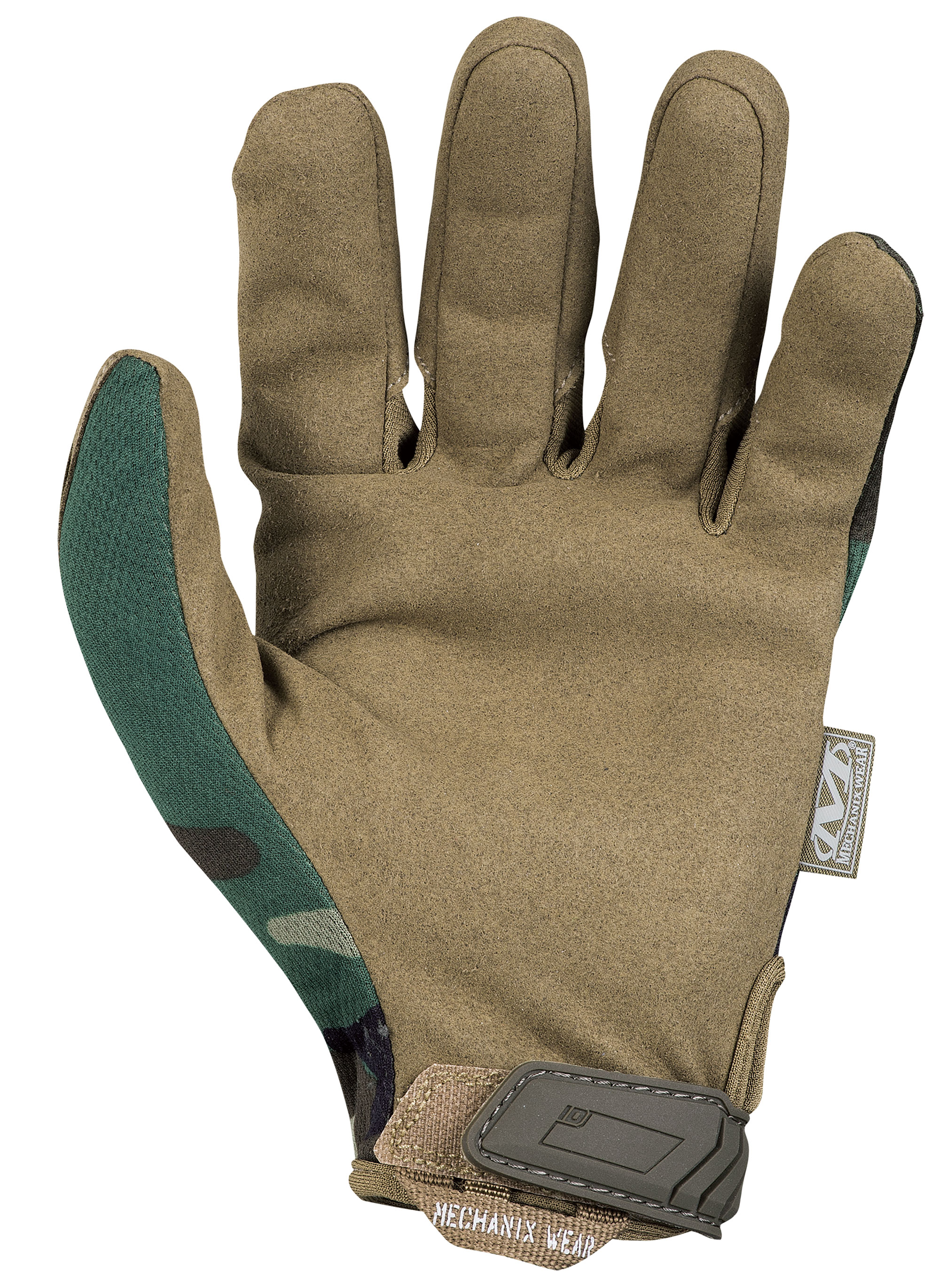 Taktischer Handschuh, olivgrün mit Tarnmuster auf der Innenseite, geeignet für Airsoft-Einsätze.