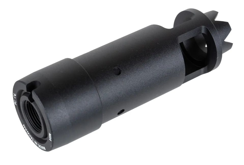 Schwarzer Airsoft-Blitzdämpfer mit zackenförmigem Design und Gewindeanschluss.