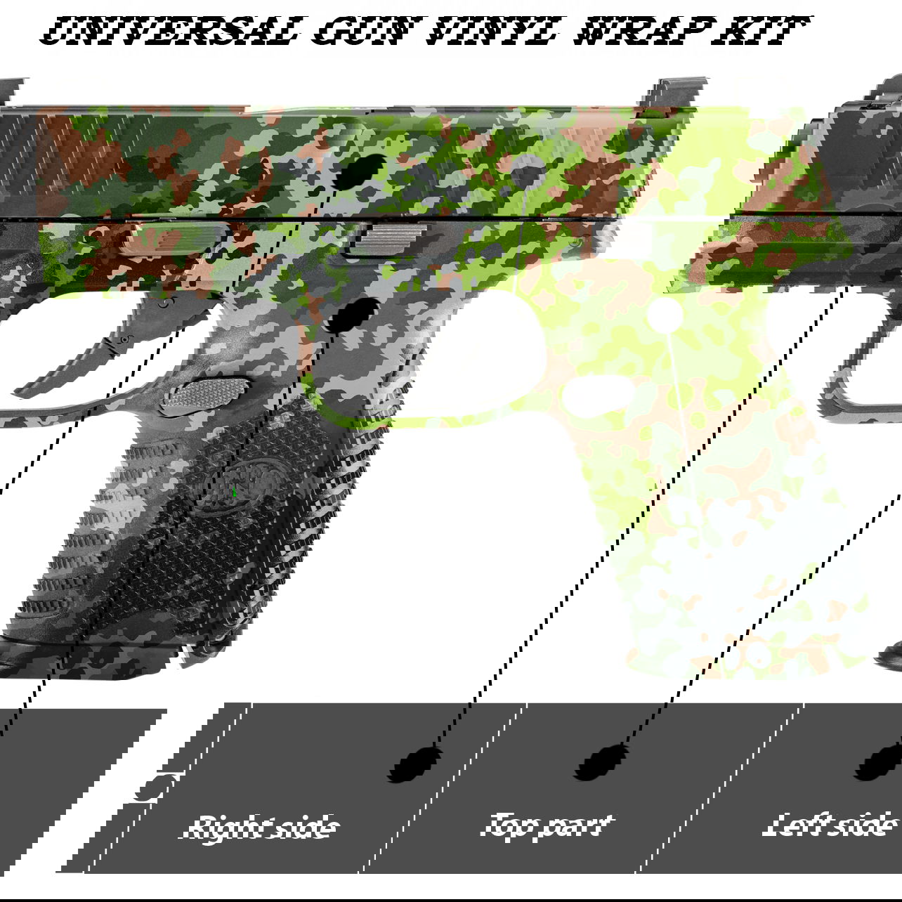 Tarnmuster-Vinylaufkleber-Set zur Anpassung von Airsoft-Pistolen, zeigt rechte, obere und linke Ansicht.