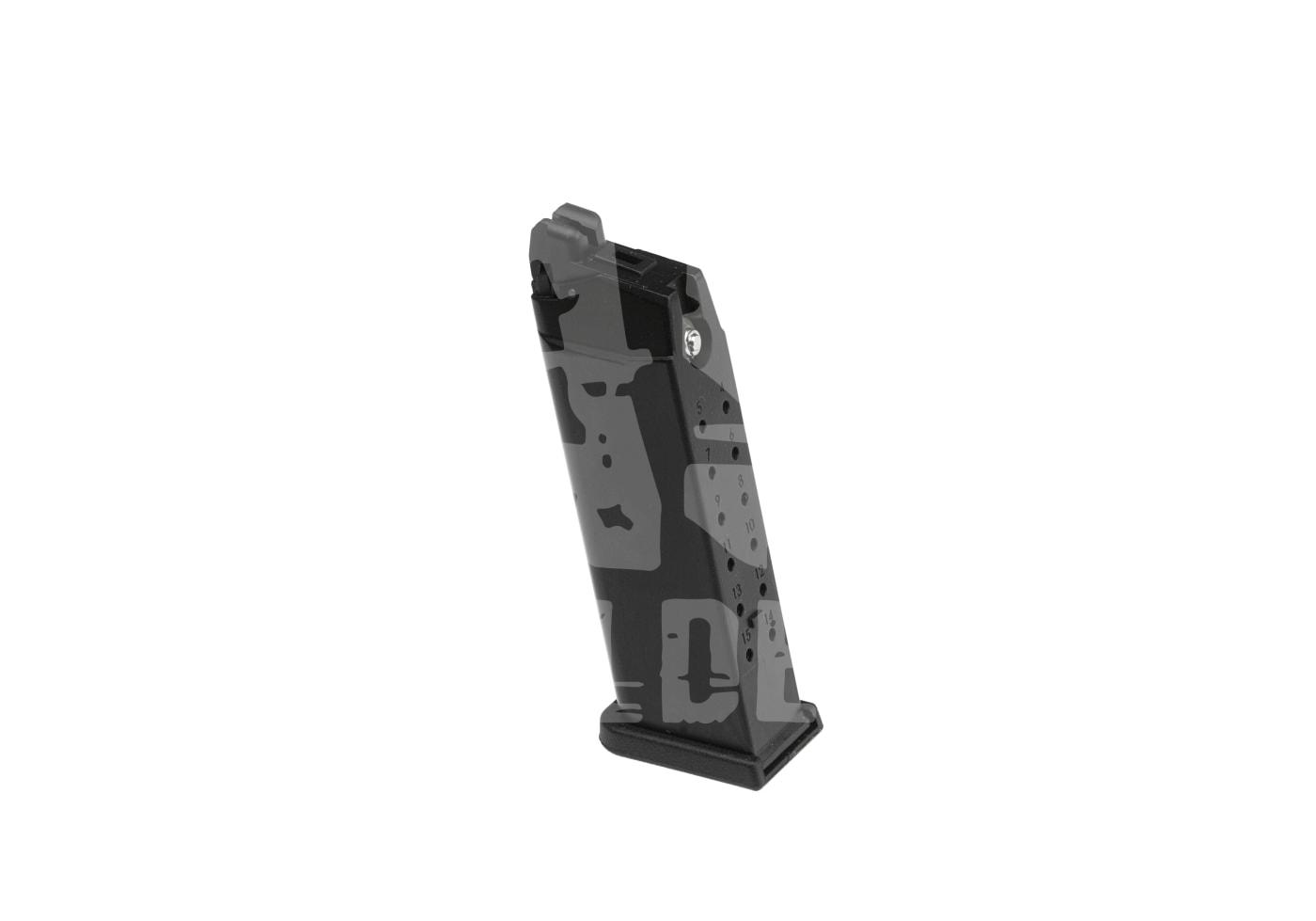 Airsoft Pistolenmagazin, schwarz, mit Camo-Muster, seitlich abgebildet. Geeignet für Gas- oder CO2-Systeme.