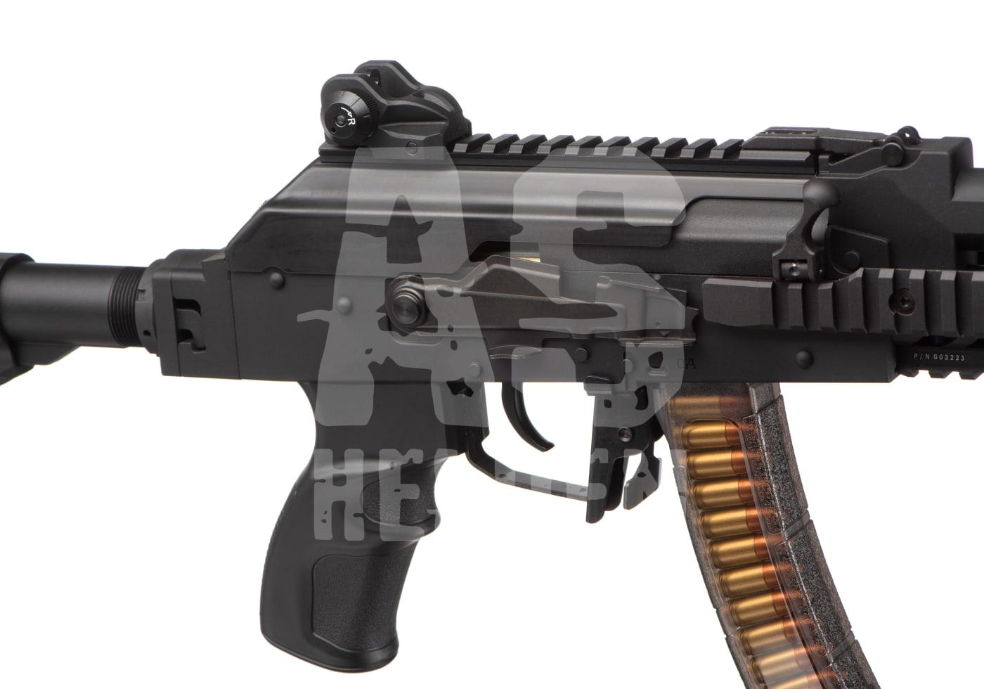 Airsoft-Pistole mit transparentem Magazin, taktischem Design und ergonomischem Griff.