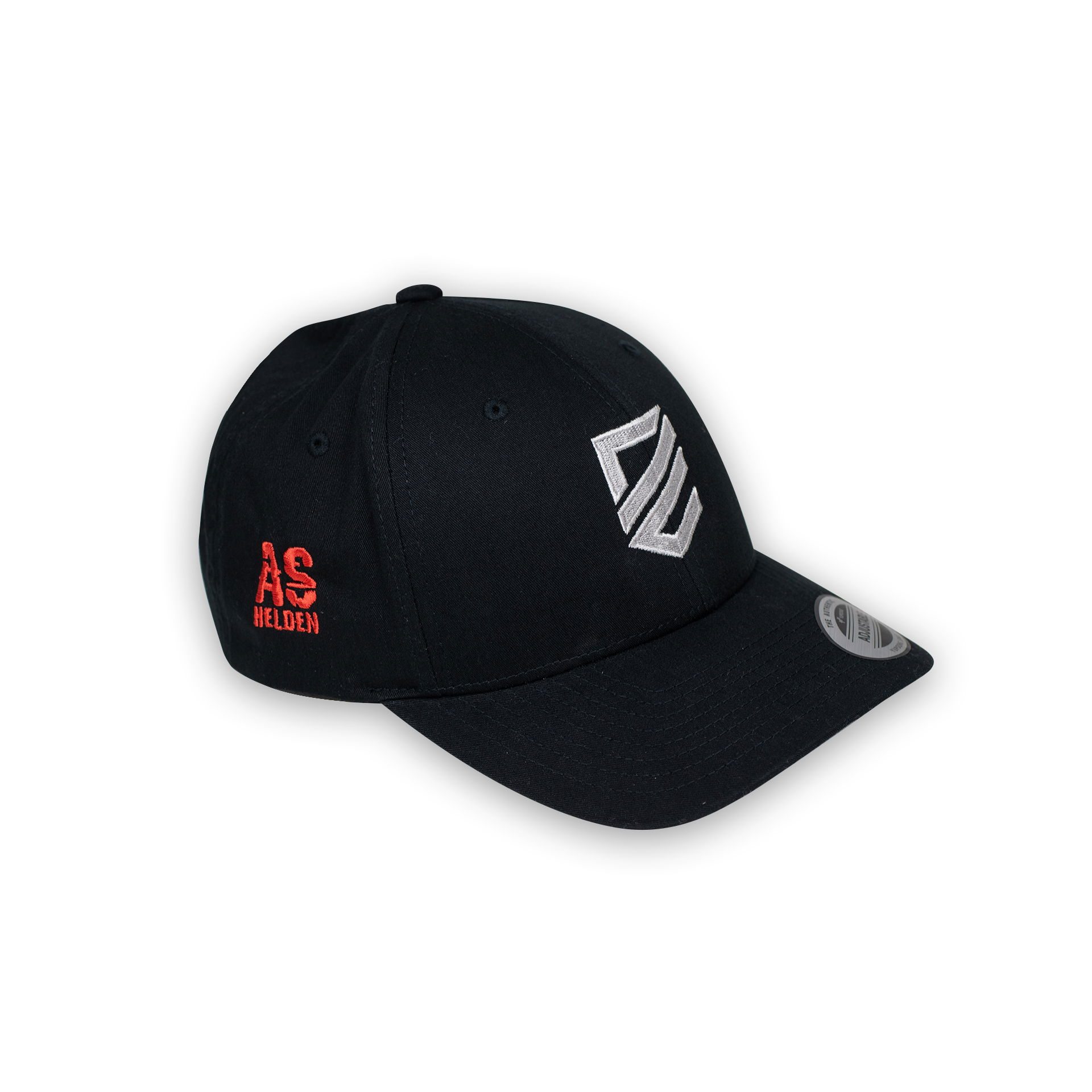 Dark Emergency - DEXII FlexFit Cap Schwarze Cap mit Airsoft-Helden-Logo und rotem Schriftzug "AS Helden", Seitensicht.