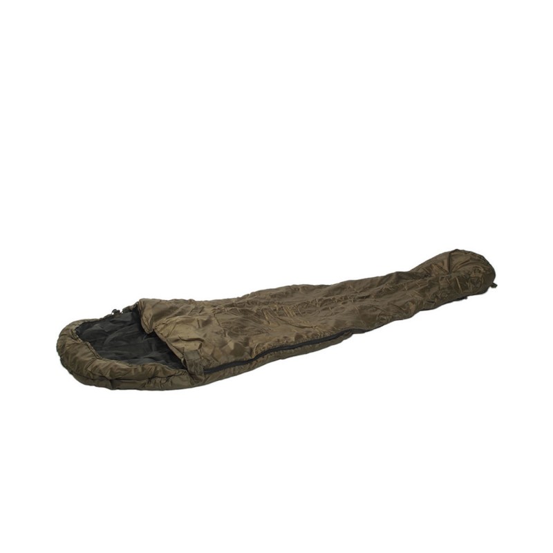Olivegrüner Mumienschlafsack für Outdoor-Camping und Airsoft-Aktivitäten.
