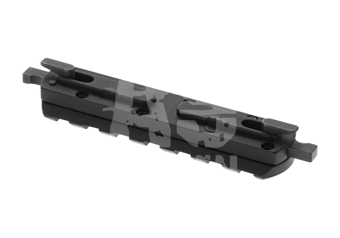 Schwarzes Airsoft-Scharfschützengewehr-Montagesystem mit flacher Schiene, für Zubehörbefestigung geeignet.