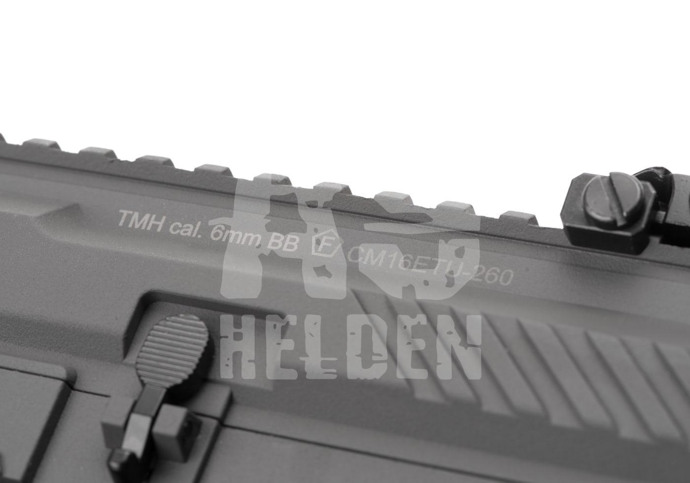 G&G CM16 E.T.U. SRL S-AEG - ab 18 Jahren Nahaufnahme eines Airsoft-Gewehrs mit Kaliberangabe "6mm BB" und Markierung "CM16ETU-260".