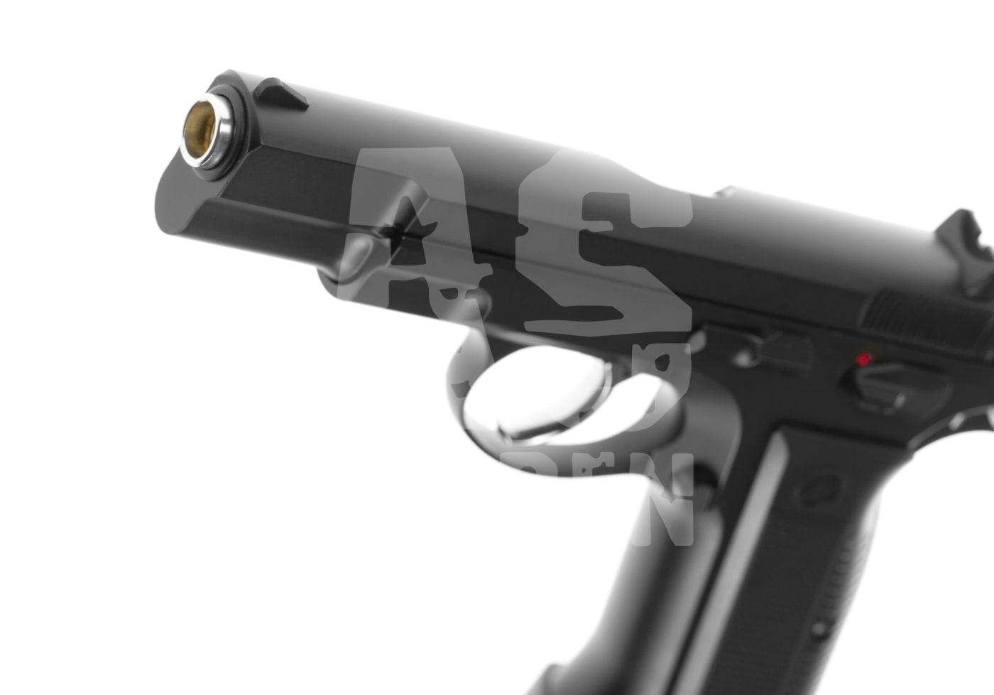 KJ Works KP-09 Full Metal Co2 - ab 18 Jahren Airsoft-Pistole, Nahaufnahme des Laufs und Abzugs, Waffe in schwarzem Finish.