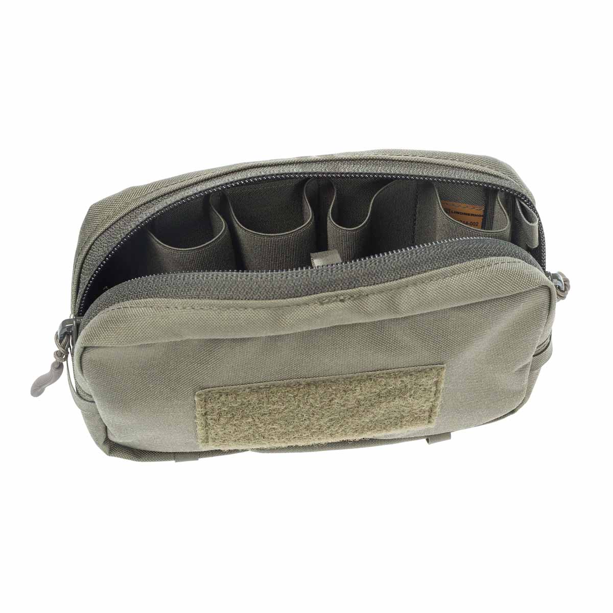 Grüne Airsoft-Tasche mit Reißverschluss, innen elastische Schlaufen für Ausrüstung.