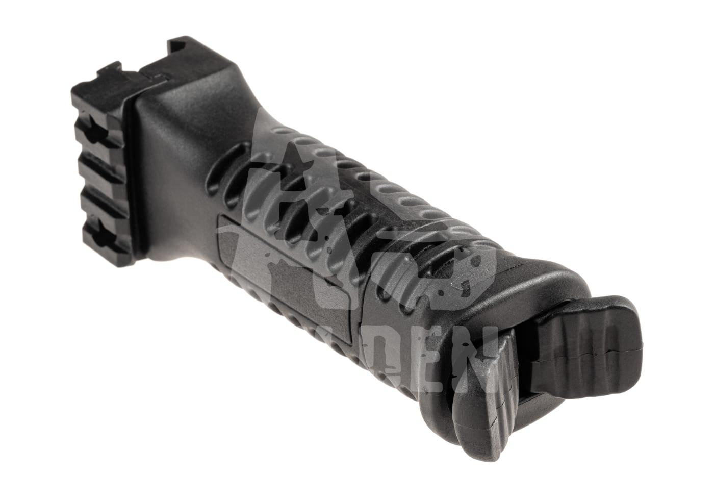 Schwarzer Airsoft-Vordergriff mit integrierter Taschenlampe und Riemenhalterung, Picatinny-kompatibel.