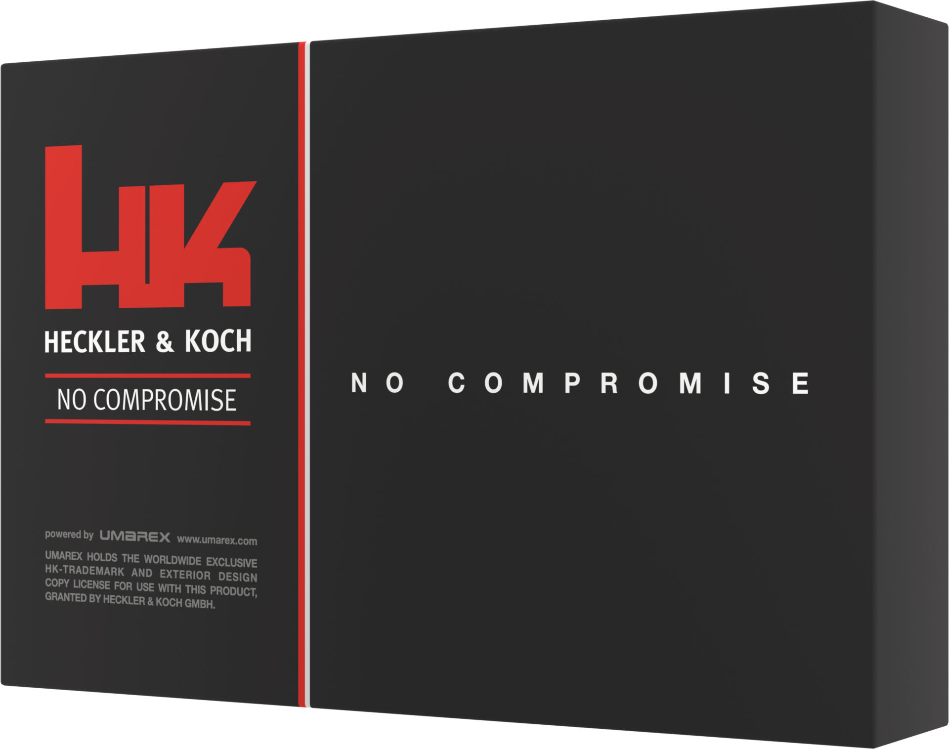 Schwarzes Heckler & Koch "No Compromise" Verpackungsdesign mit rotem HK-Logo.