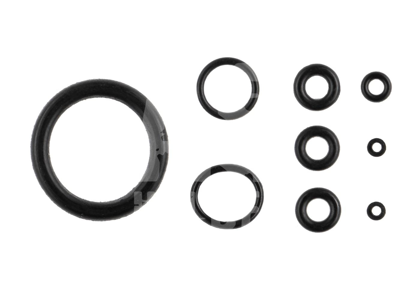 Set mit schwarzen O-Ringen in verschiedenen Größen für Airsoft-Pistolen.