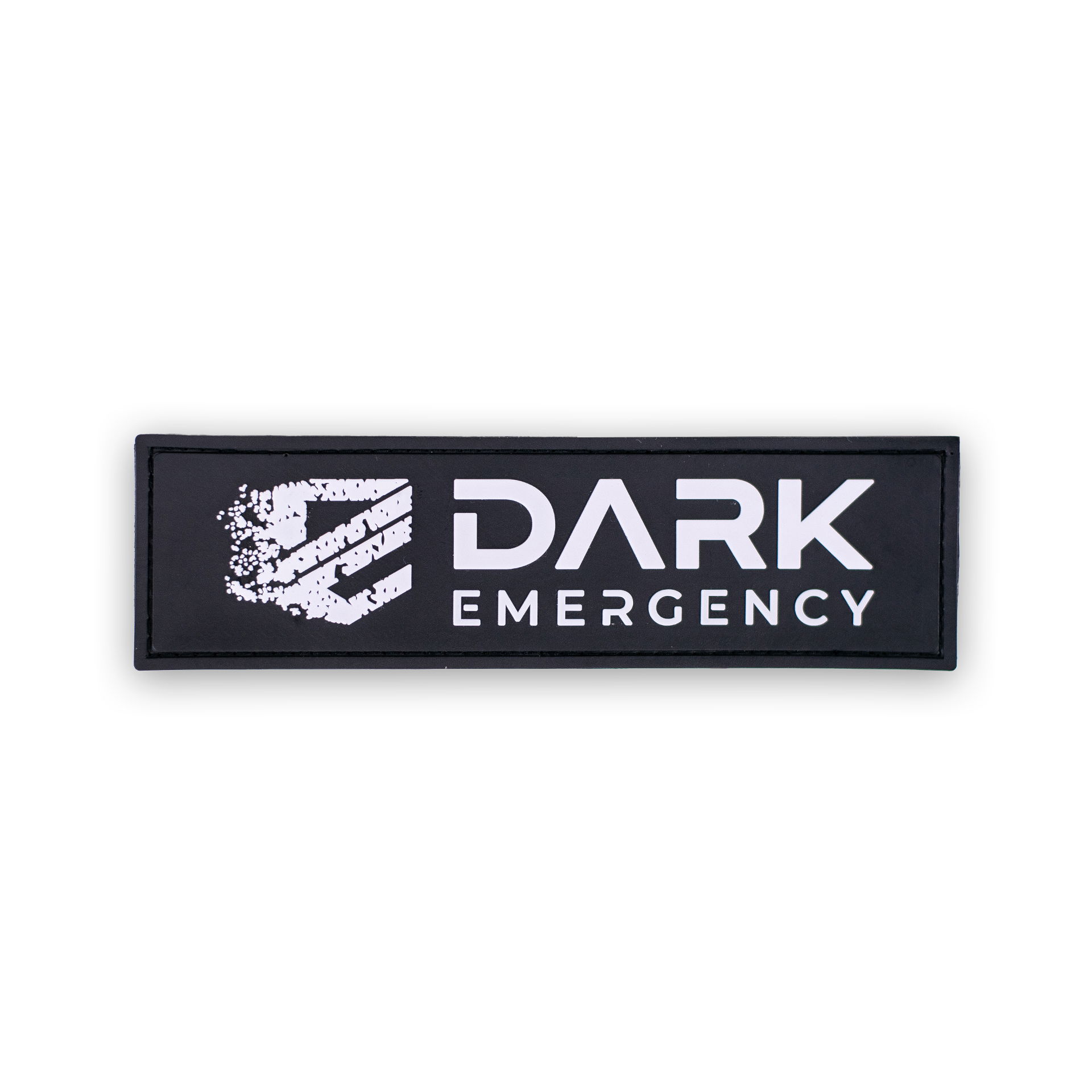 Schwarzer Patch mit weißem "Dark Emergency"-Logo und grafischem Design; rechteckige Form.