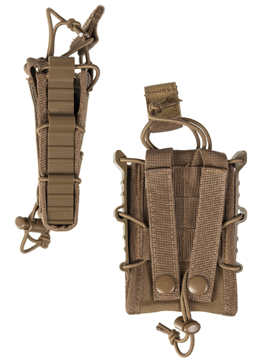 Taktische Magazintasche in Braun mit Kordelzug und Befestigungsschlaufen, Seitenansicht und Rückansicht.