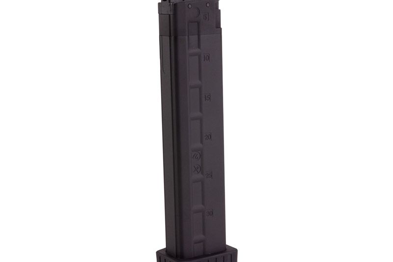 Schwarzes Airsoft-Ersatzmagazin mit Zählanzeige, geeignet für Airsoft-Maschinenpistolen.