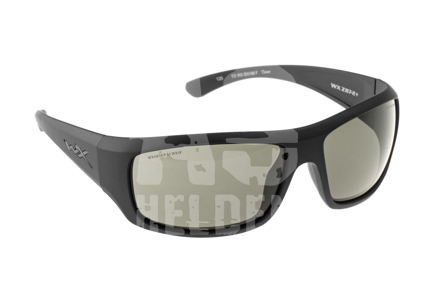 Schwarze Schutzbrille für Airsoft mit polarisierten Gläsern und WX-Logo an den Bügeln.